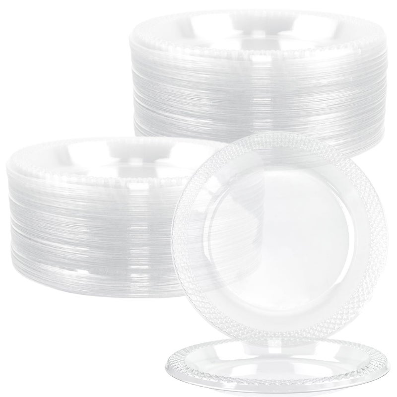Rainmae 100 Pack 6 Clear Plastic Plates Heavy Duty Party Wine Tasting Plates Disposable Dishes Food Tray for Wedding Serving Hamburger BBQ Dinner Travel and Events Dessert Appetizers Microwaveable
